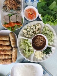 High angle view of breakfast served on table