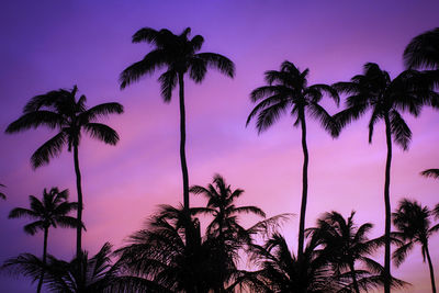 Low angle view of silhouette palm trees against romantic sky