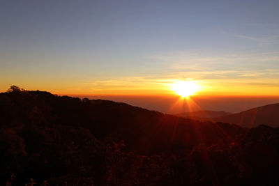 Scenic view of silhouette mountains against sky at sunset