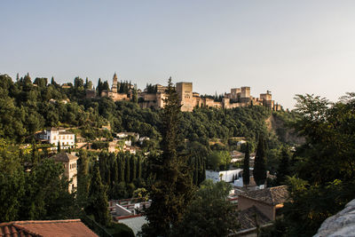 High angle view of trees and buildings against clear sky