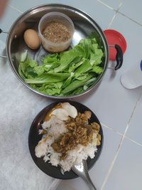 High angle view of meal served on table