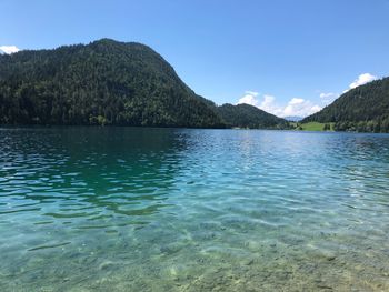 Scenic view of lake by mountain against sky