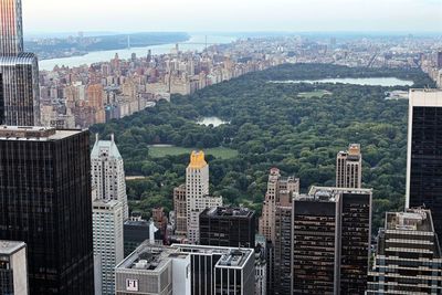 High angle view of buildings at central park in city