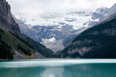 Scenic view of lake by snowcapped mountains