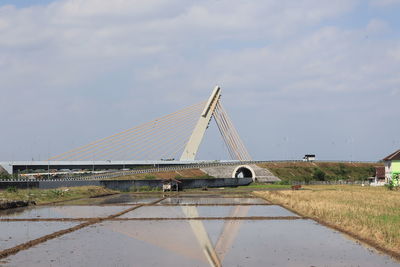 Railway bridge over wet field against sky