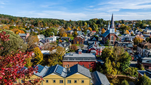 Buildings by trees in town during autumn