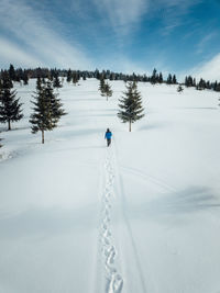 Person skiing on snowcapped mountain against sky