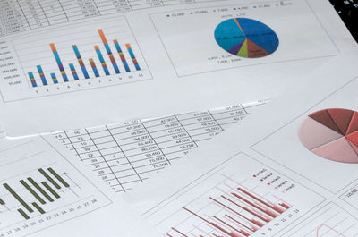 High angle view of graphs on table