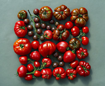 Colorful tomatoes of different sizes and varieties, in appearance, are a horizontal composition. 