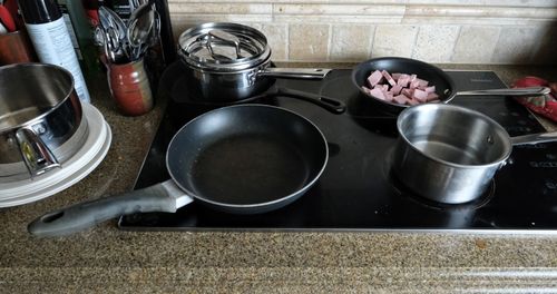 High angle view of food cooking in kitchen at home