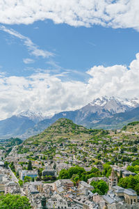 High angle view of town against sky