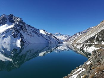 Scenic view of snowcapped mountains against clear blue sky