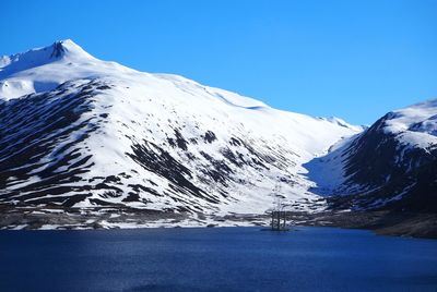 Scenic view of snowcapped mountains against clear blue sky