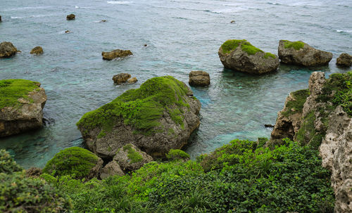 High angle view of rocks on sea shore