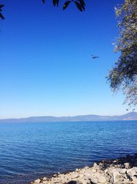 Scenic view of sea against clear blue sky