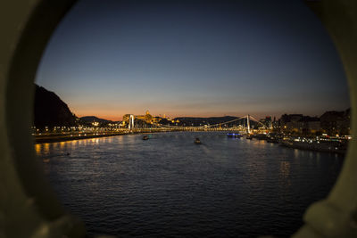 View of city at waterfront during sunset