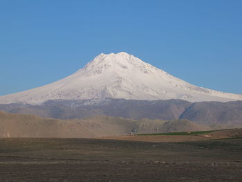 Scenic view of snowcapped mountains against clear blue sky