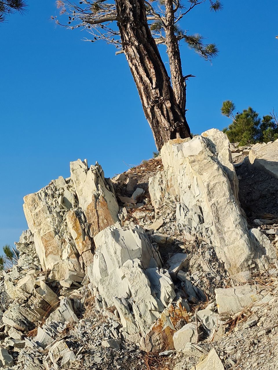 LOW ANGLE VIEW OF ROCK AGAINST CLEAR BLUE SKY