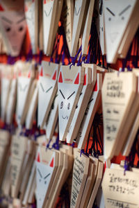 Close-up of the wishing plate, ema, in a temple in japan