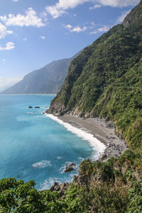 Scenic view of sea and mountains against sky