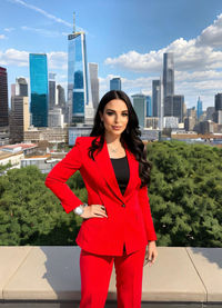 Portrait of young woman standing against buildings