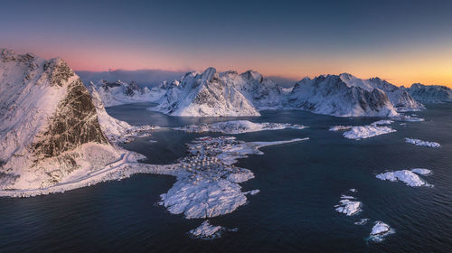 Aerial view of frozen lake against sky during sunset