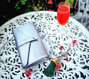 High angle view of drink on table