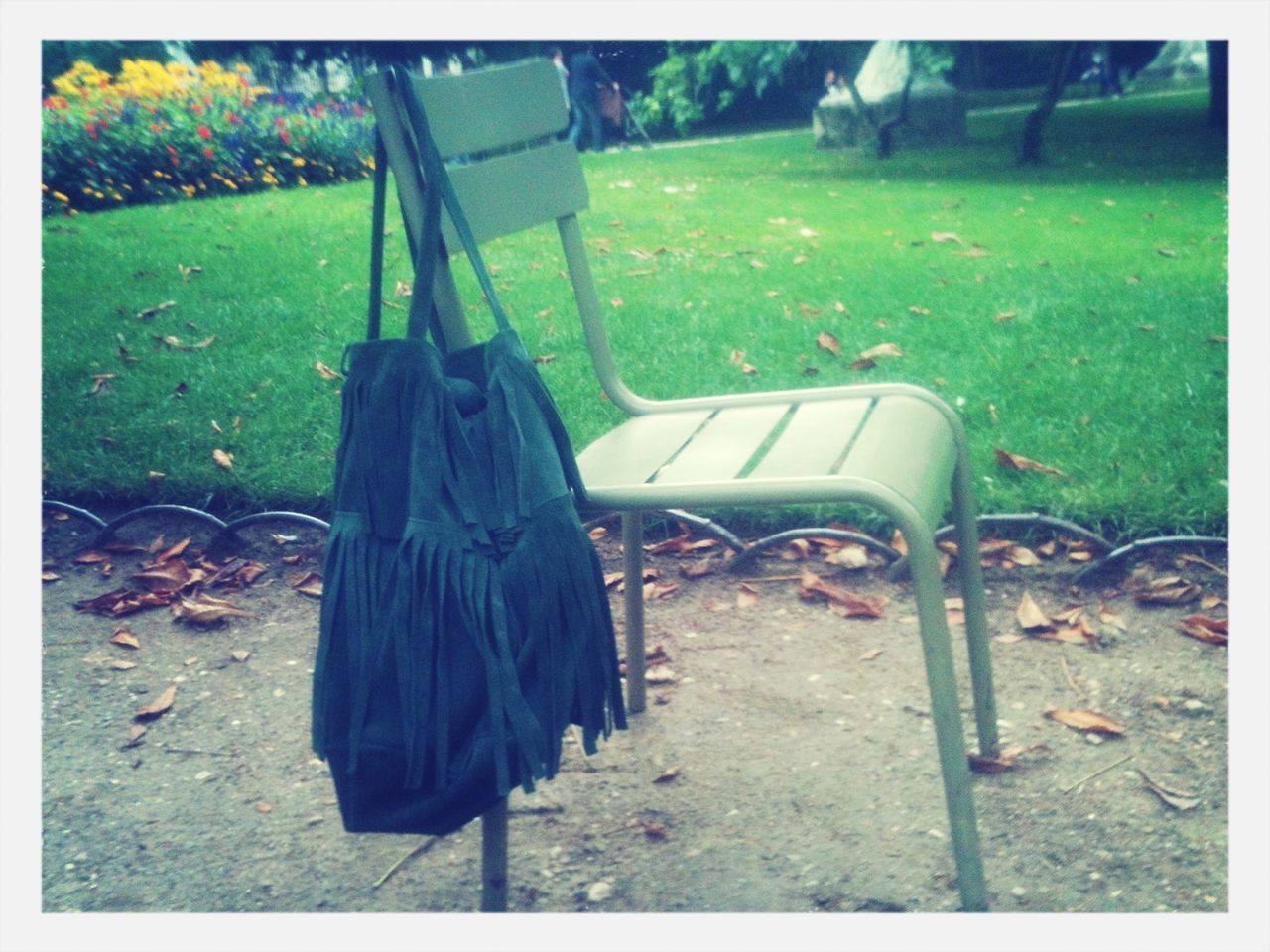 transfer print, auto post production filter, grass, field, grassy, green color, day, abandoned, outdoors, plant, absence, bench, growth, sunlight, chair, nature, empty, old, park - man made space, no people