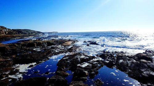 Scenic view of sea against clear blue sky