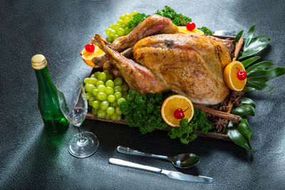 High angle view of seafood on table