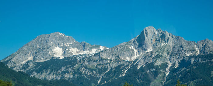 Scenic view of snowcapped mountains against clear blue sky