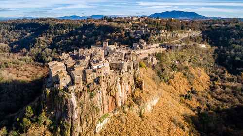 Postcard from italy.aerial view of the medieval village of calcata and the valley of the treja river