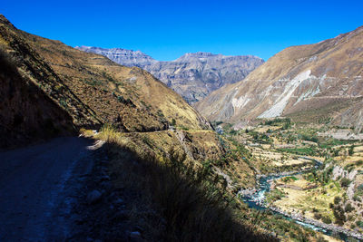 Scenic view of mountains against clear blue sky