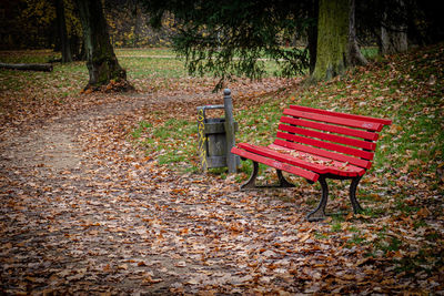 Empty bench in park during autumn