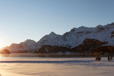 Scenic view of sea and mountains against clear sky