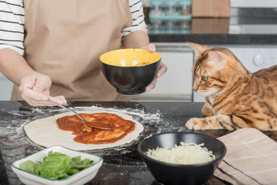 The woman owner and her cat lay out the pizza toppings on the dough.