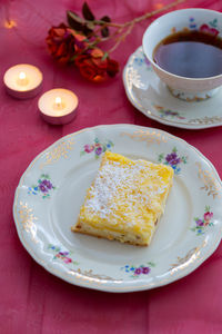 Close-up of cake served on table