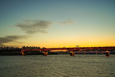 Bridge over river against sky during sunset