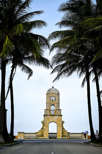 Low angle view of palm trees and building against sky