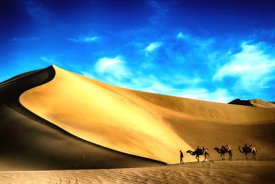 People riding on sand dunes against sky