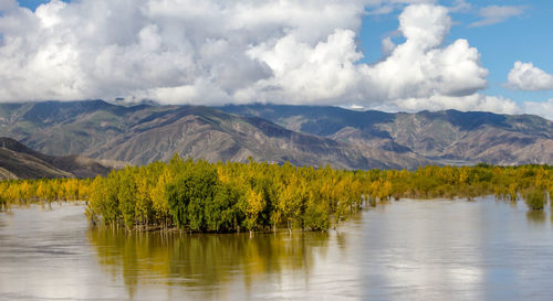 Scenic view of lake and mountains against sky