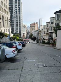 Cars on road by buildings against sky in city