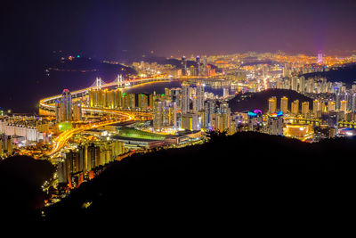 Illuminated buildings in city at night