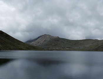 Scenic view of lake by mountain against sky