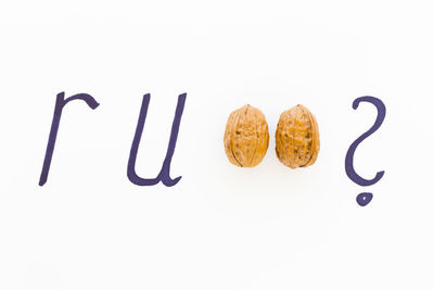 Concept of the phrase are you nuts with  walnuts and black hand writing on white paper background