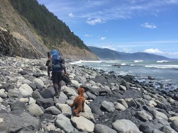 Rear view of hiker and dog walking on rocky shore