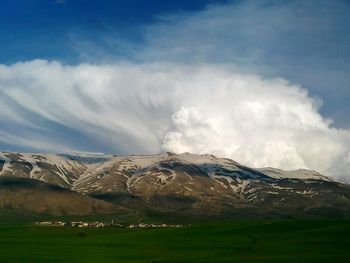 Scenic view of mountains against cloudy sky