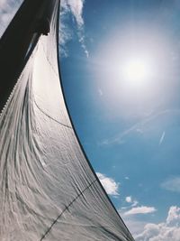 Low angle view of sailboat on sunny day