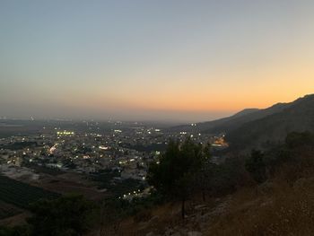 High angle view of buildings against sky during sunset