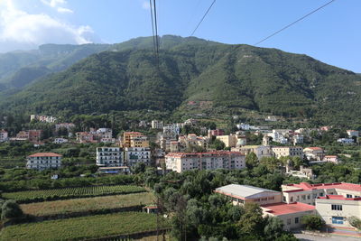 Townscape by mountain against sky